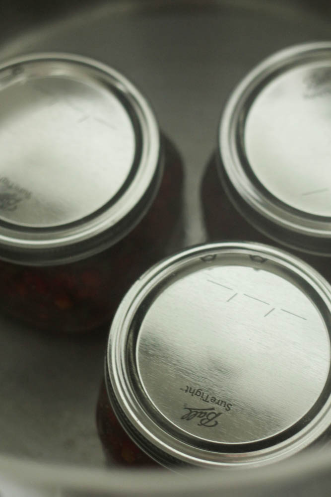 Tops of Easy Red Pepper Jelly jars