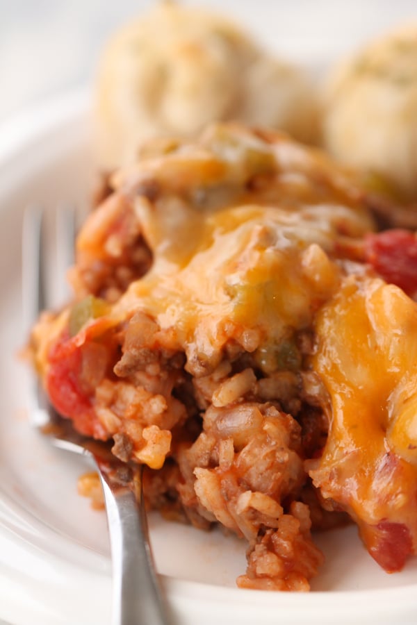 A serving of One Pan Stuffed Pepper Casserole on a plate with a fork