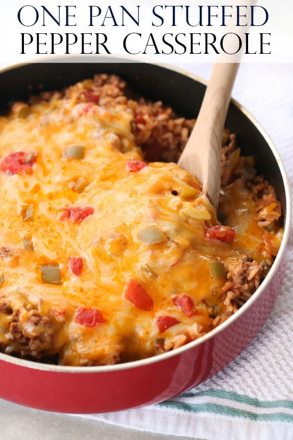 One Pan Stuffed Pepper Casserole in a pan with a wooden spoon