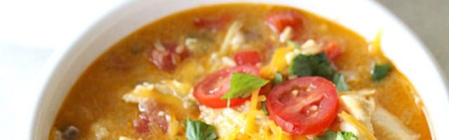 A bowl of soup containing pieces of chicken, slices of tomato, shredded cheese, and garnished with cilantro.