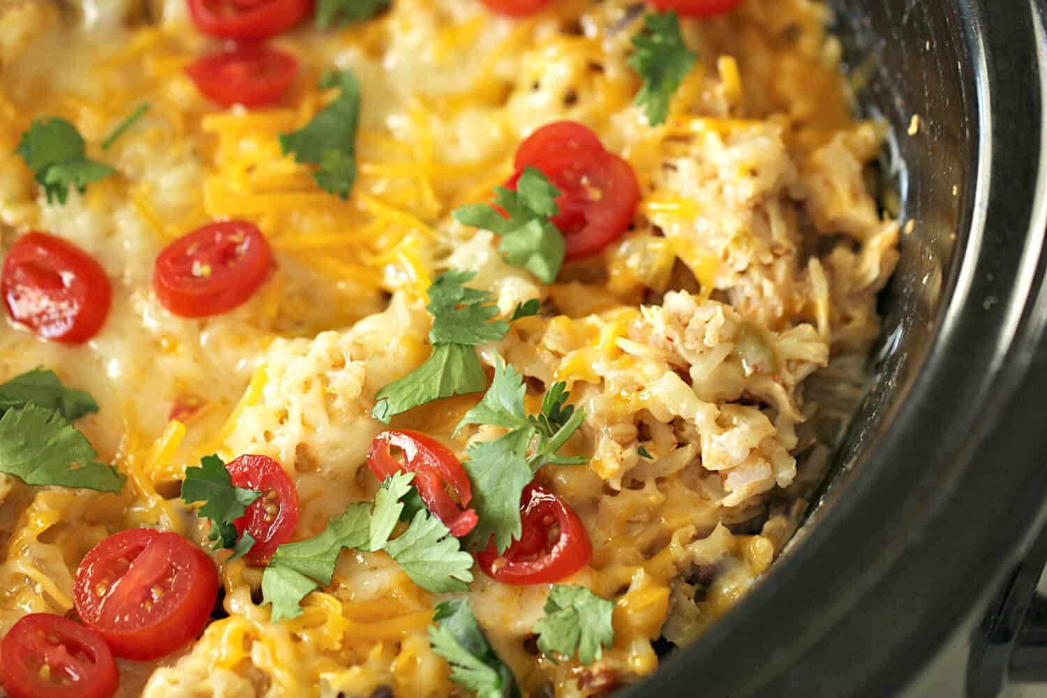 Slow Cooker Spicy Chicken and Rice Bowls in the slow cooker