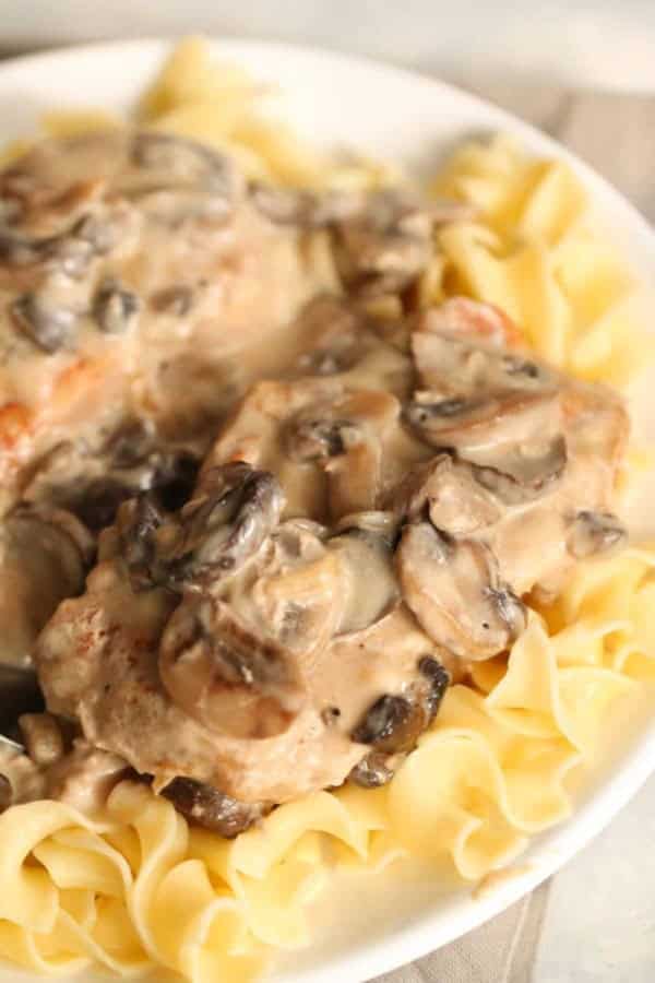 Plate of egg noodles topped with creamy pork and sliced mushrooms in a sauce.