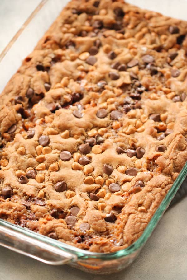 Butterscotch Chocolate Chip Blondies in a baking dish.