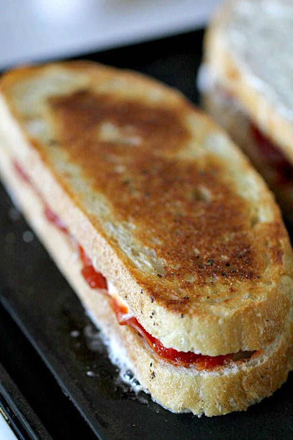 Pepperoni Pizza Grilled Cheese Sandwiches on griddle