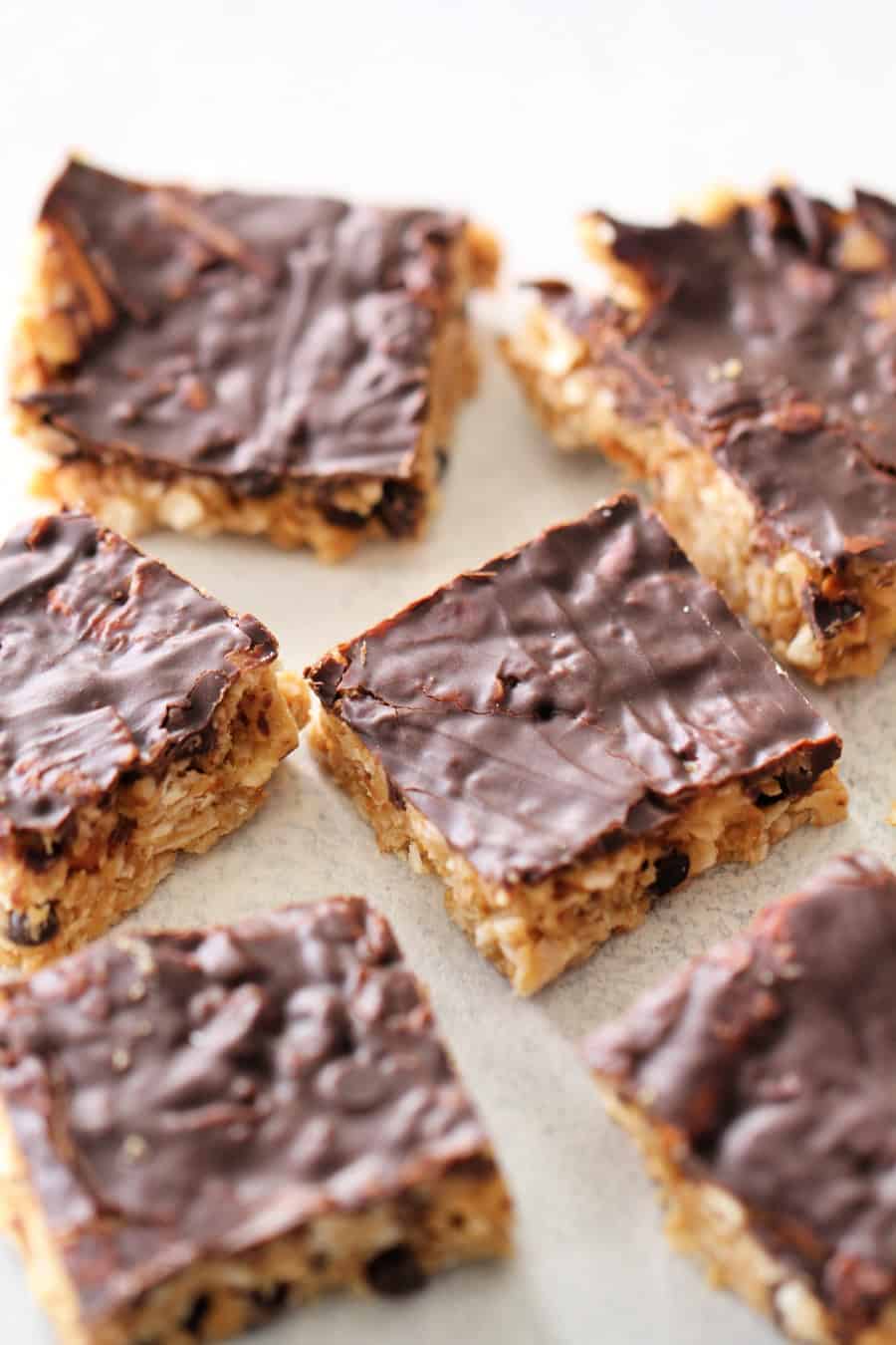 Healthier Chewy Peanut Butter Oatmeal Bars cut into squares