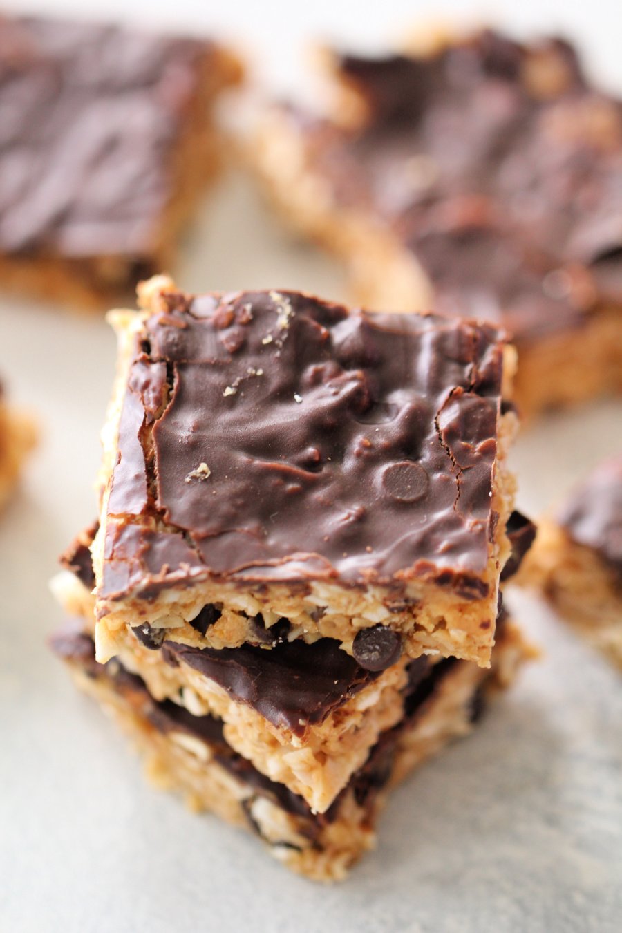 Healthier Chewy Peanut Butter Oatmeal Bars stacked 