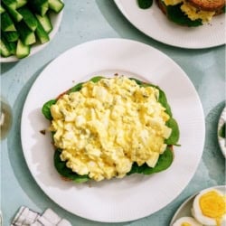 Top view of a slice of bread topped with High Protein Egg Salad.