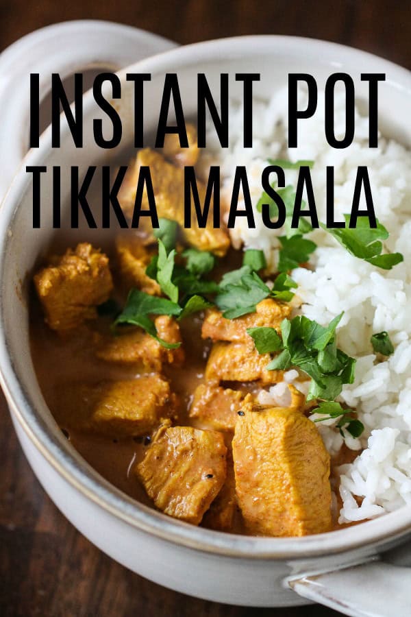 Chicken Tikka masala cooked in bowl with words.