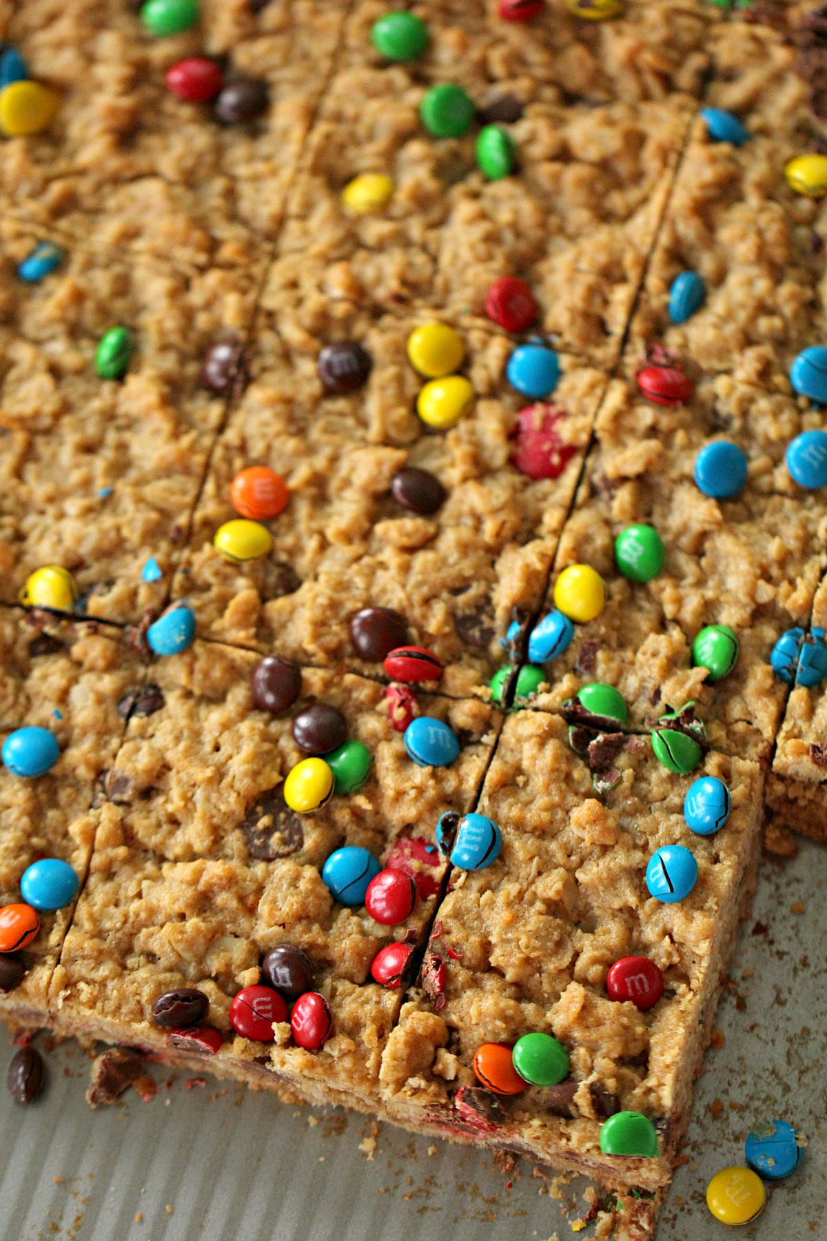 M&M Oatmeal Cookie Bars cut into squares