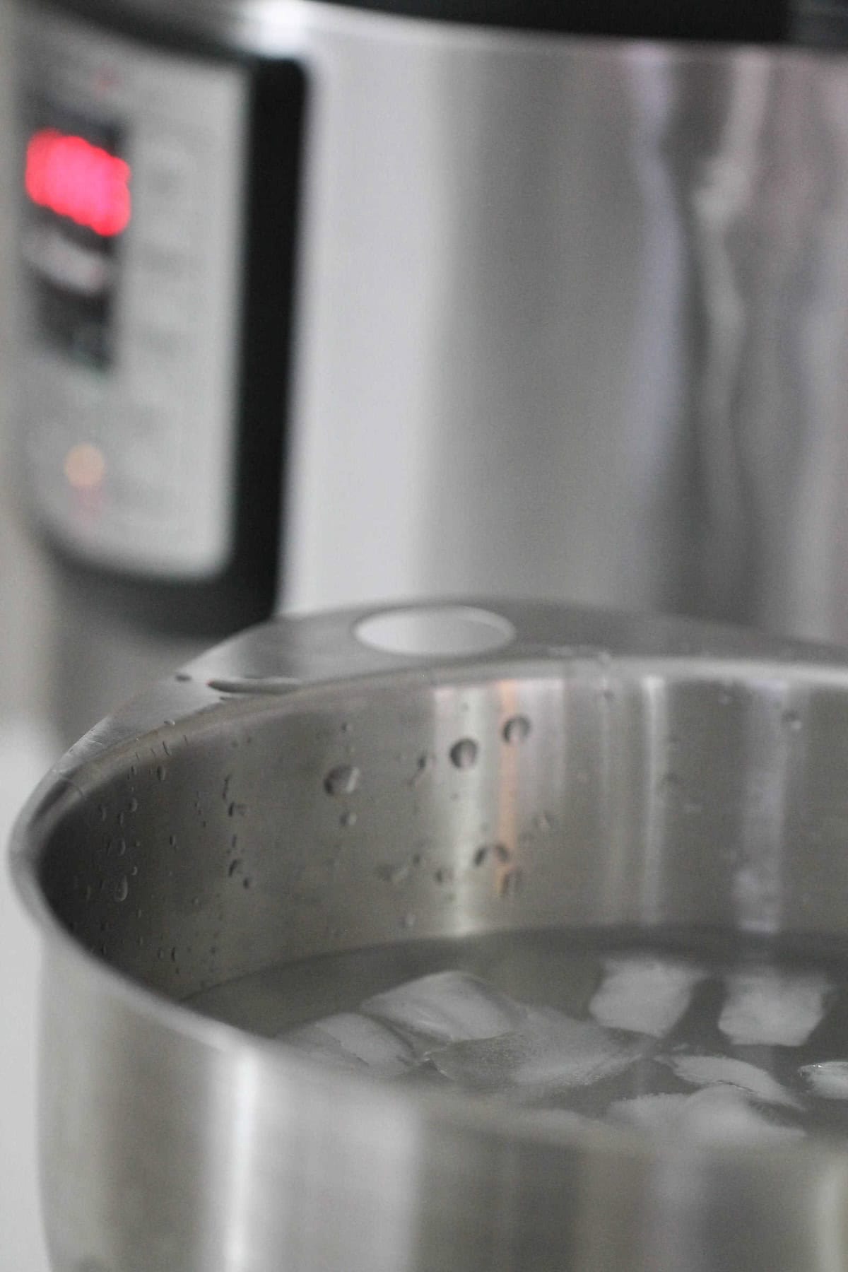 A metal pot filled with water and ice cubes is in the foreground, with a blurred kitchen appliance visible in the background.