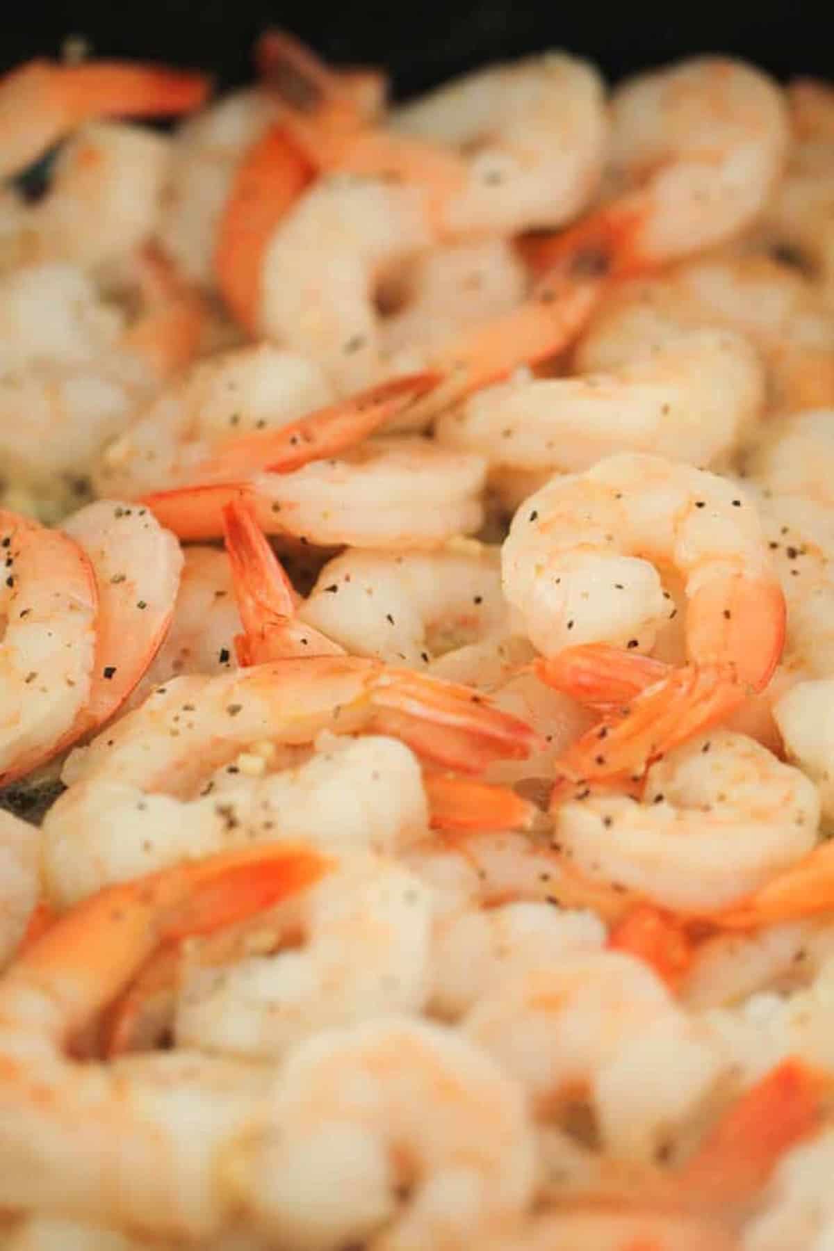 Cooked shrimp with tails on, seasoned with black pepper, arranged closely together.