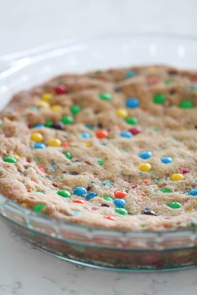 Baked M&M Cookie Pie in Glass Pie Dish