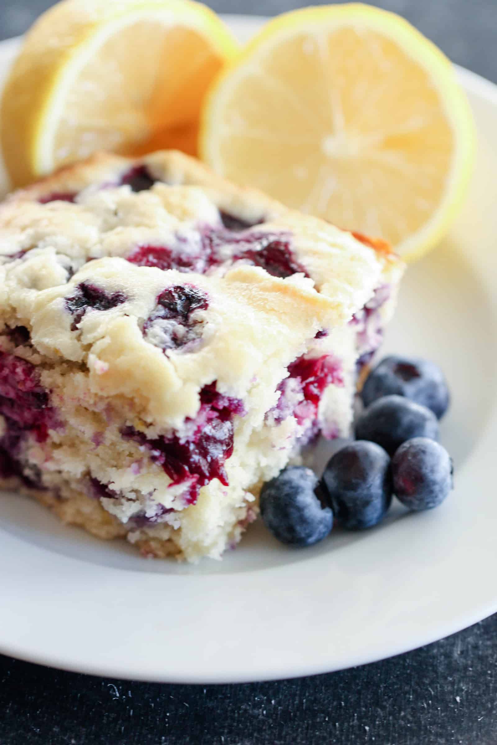 Lemon Blueberry Cake slice plated.