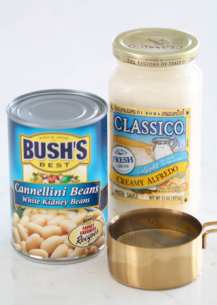 White Kidney beans, a jar of Alfredo sauce