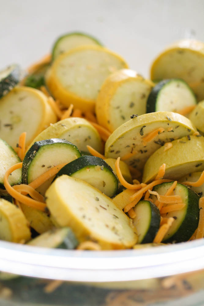 Large bowl with ingredients for  Zucchini and Squash Bake
