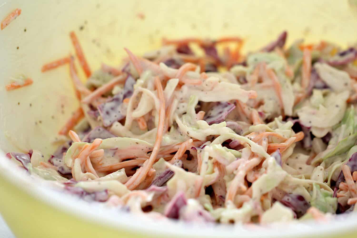 Coleslaw in a mixing bowl