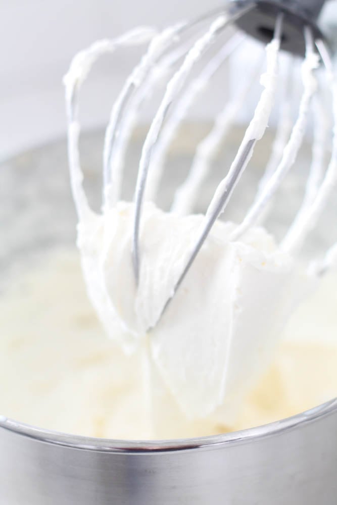 Cream cheese filling beaten in a stand mixer