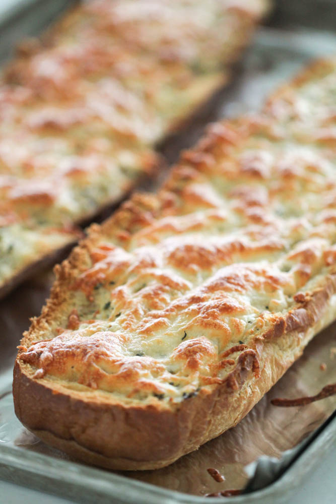 Easy Cheesy Garlic Bread on a sheet pan