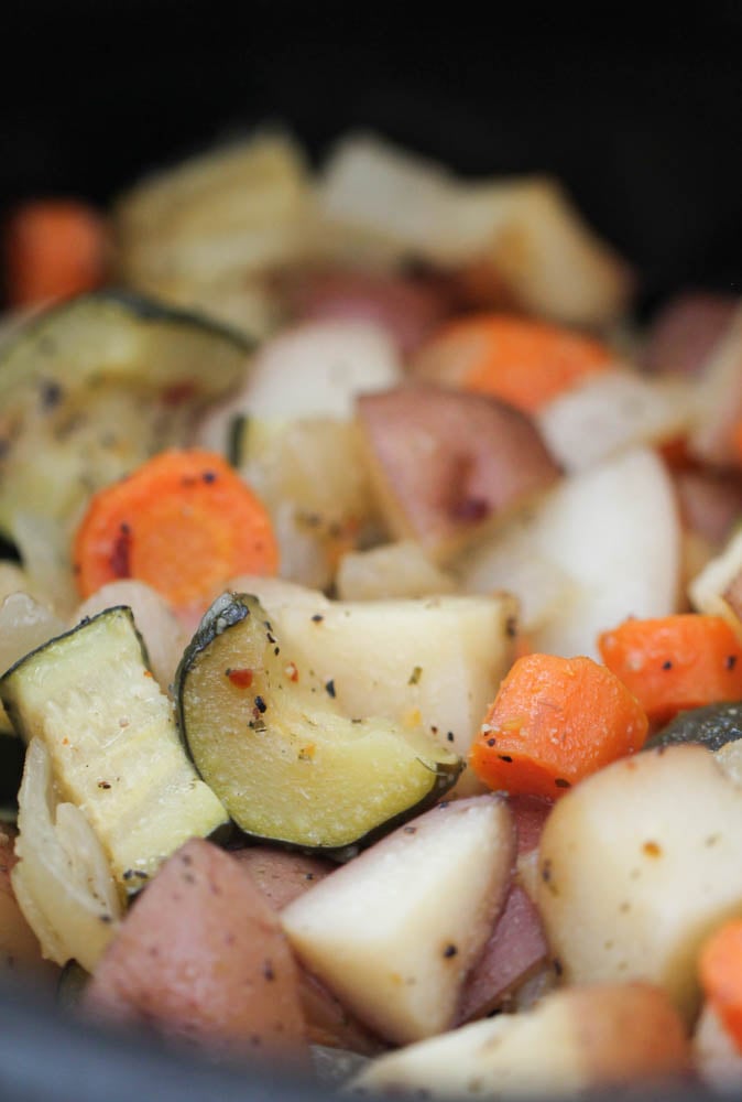 Uncooked Seasoned Vegetables in Slow Cooker