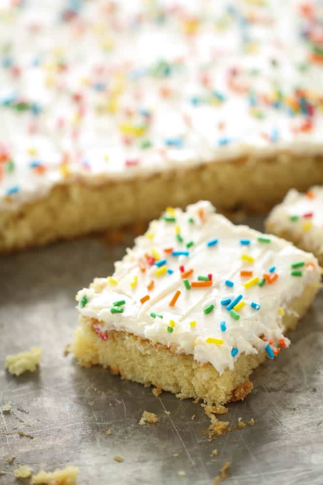 White Texas Sheet Cake with frosting and sprinkles