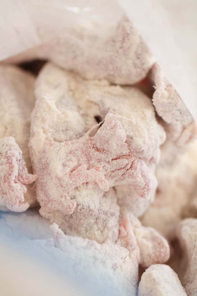 Strips of steak dredged in flour