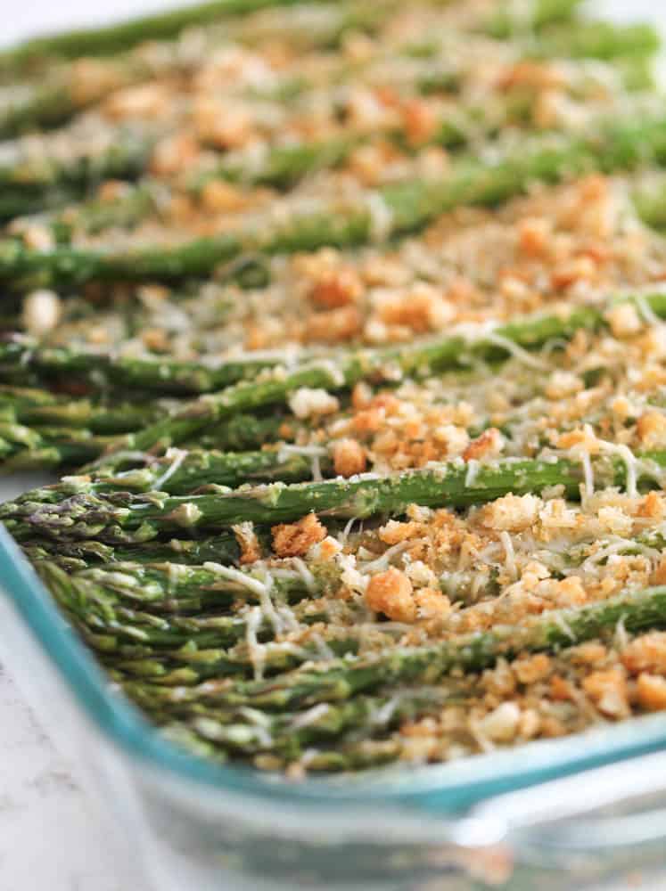 A pan of baked Parmesan Crusted Asparagus