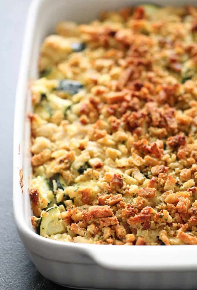 Baked Chicken Zucchini Casserole in white casserole dish