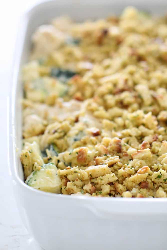 Chicken Zucchini Casserole in white casserole dish