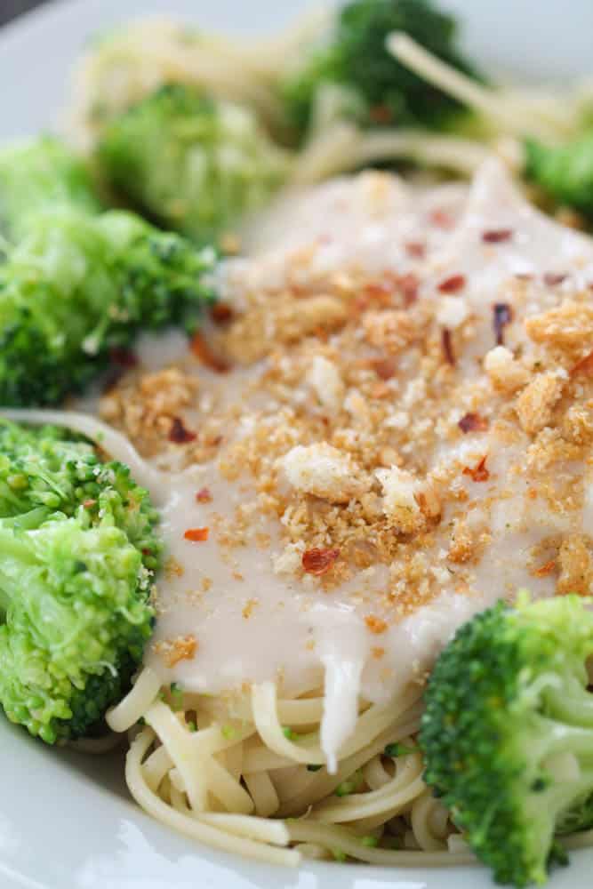 A plate of Broccoli Alfredo Spaghetti