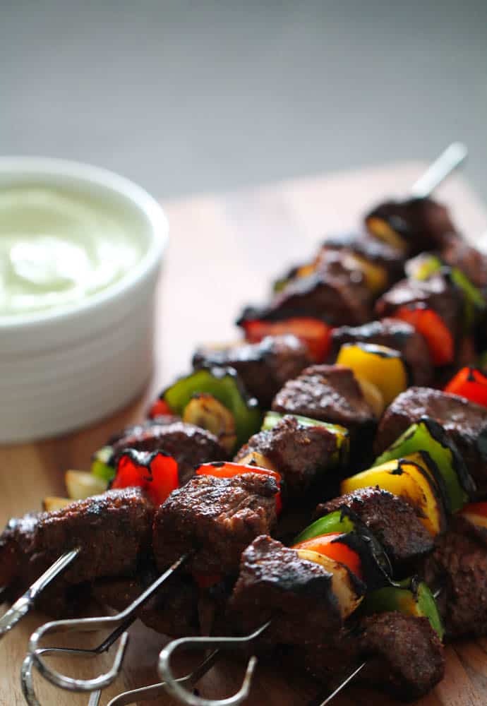 Fajita Steak Kabobs with Avocado Sour Cream Sauce