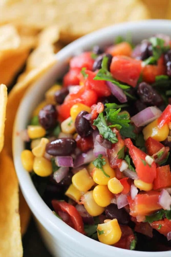 Easy black bean and corn salsa in a bowl.