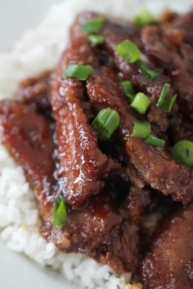 Copycat P.F. Chang's Mongolian Beef served over white rice