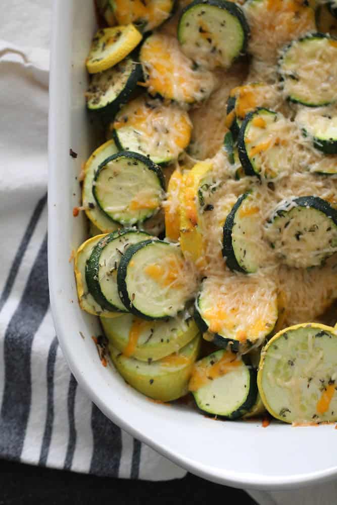 Cheesy Zucchini and Squash Bake in casserole dish