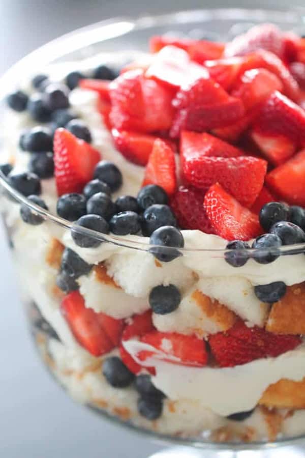 A glass trifle dish filled with layers of strawberries, blueberries, whipped cream, and sponge cake.