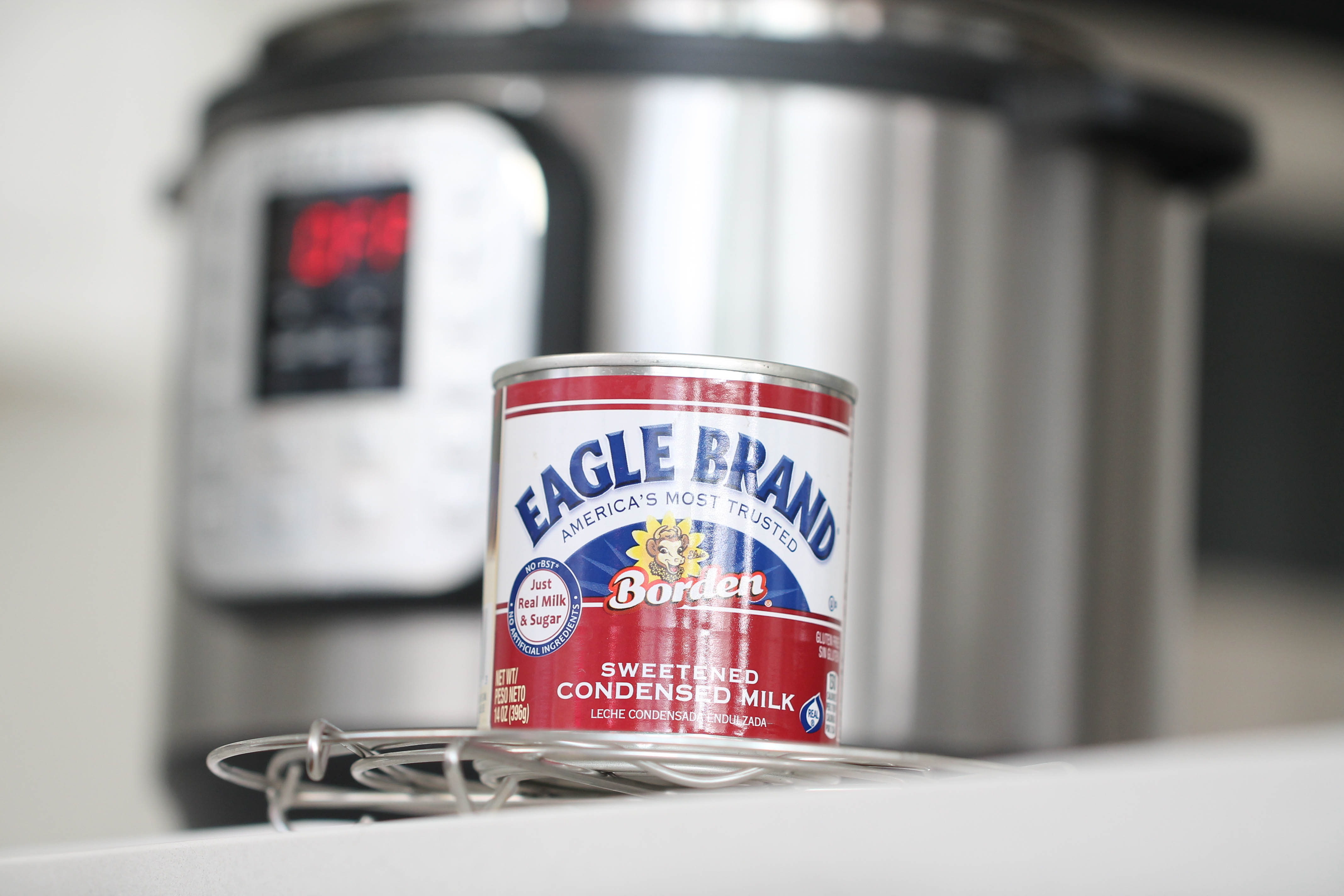 Eagle Brand Condensed Milk in front of Instant Pot
