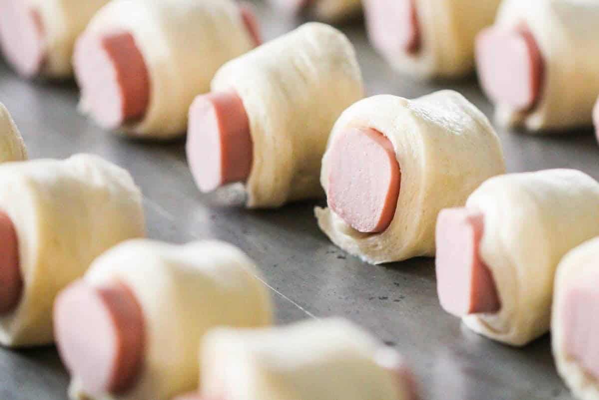 hot dogs wrapped in dough for classic pigs in a blanket