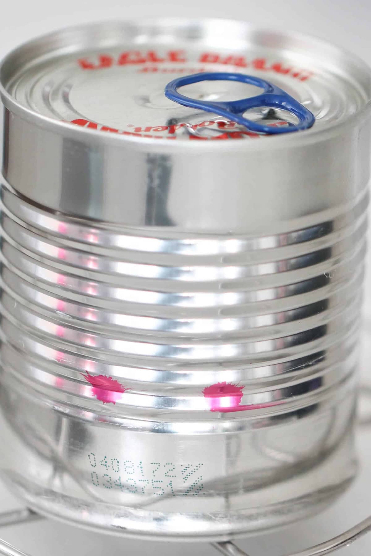 A metal can with two puncture holes on the side sits on a rack, with a blue can opener resting on top.