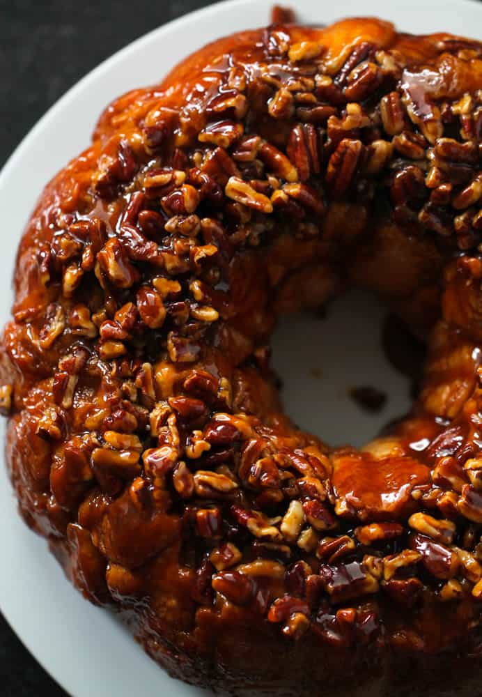 Cooked gooey caramel breakfast pull apart inverted onto a serving dish