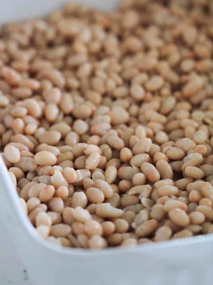 Uncooked beans in casserole dish