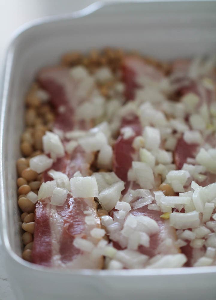 Beans, Bacon and Onion in a casserole dish