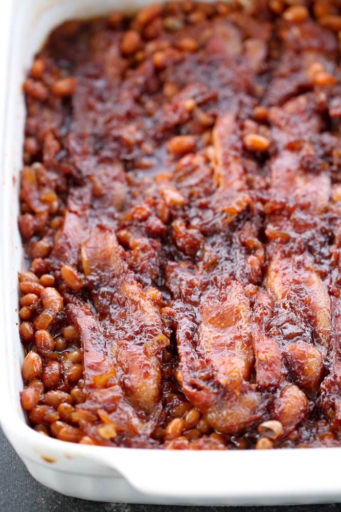 Easy Boston Baked Beans in white casserole dish