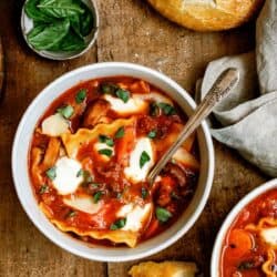 instant pot lasagna soup in a bowl with a spoon