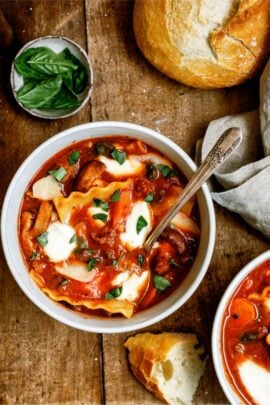instant pot lasagna soup in a bowl with a spoon