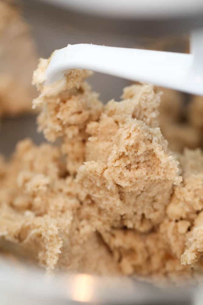Oatmeal Scotchies Cookie dough in a stand mixer bowl.