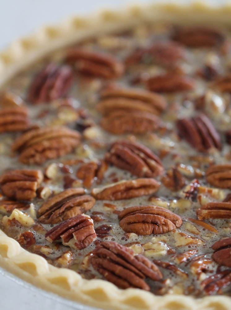 Close up of unbaked Easy Pecan Pie