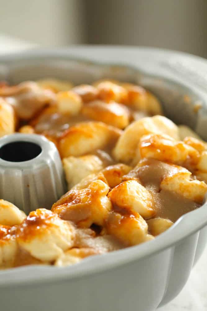 cooked gooey caramel pull apart before it is inverted out of the bundt pan