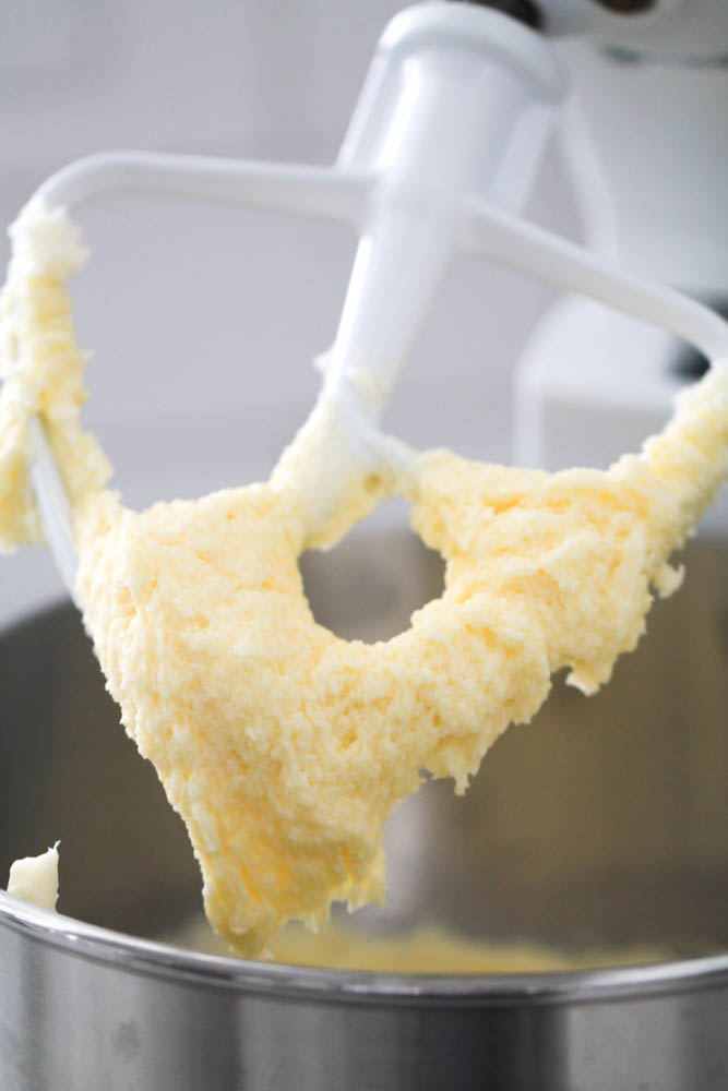 Creamed butter and sugar in stand mixer