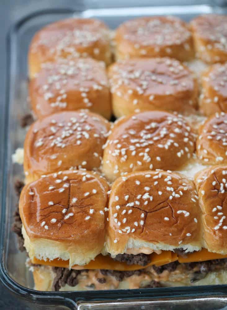 Big Mac Sliders in a casserole dish