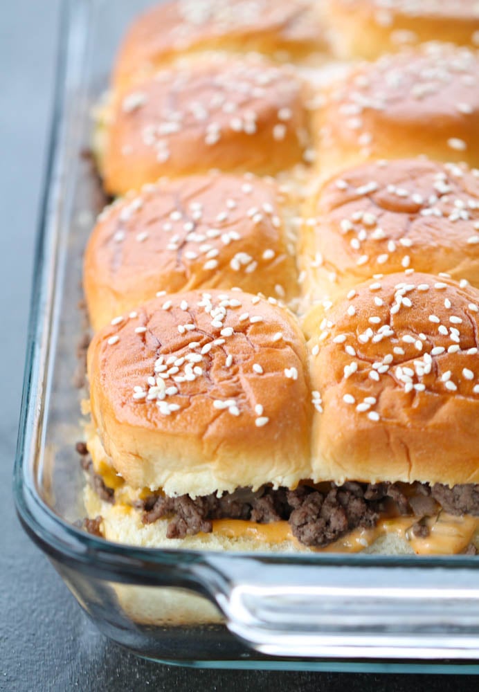 Baked Big Mac Sliders baked in a glass baking dish