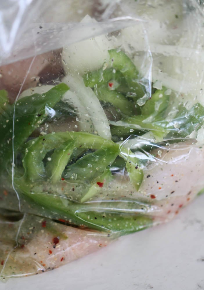 Chicken and Veggies in Ziploc bag with marinade